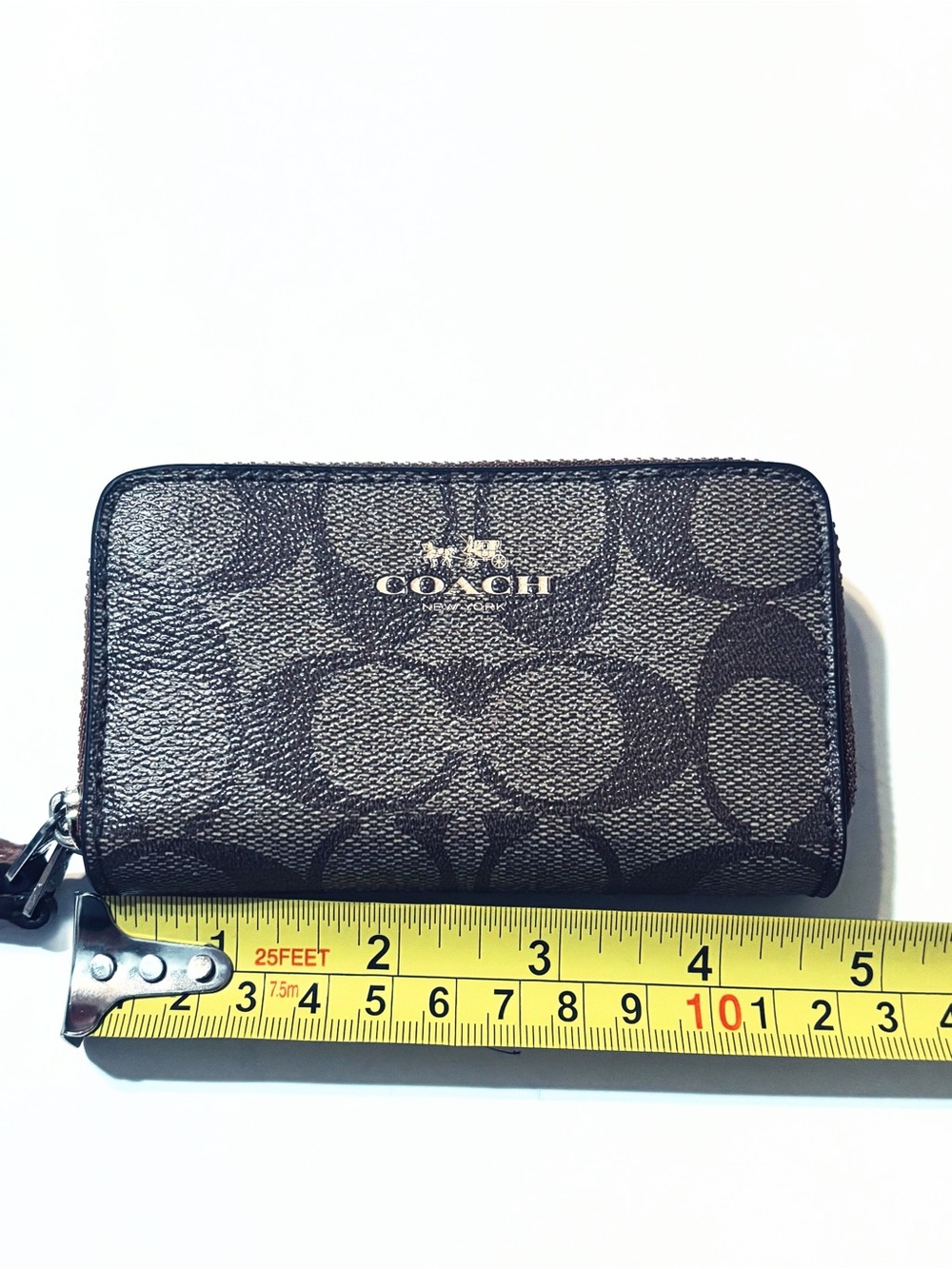 Coach Brown Signature Zip Card Case with Gold Logo